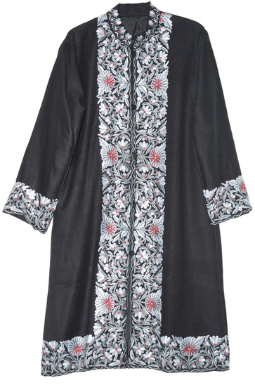 Ethnic Kashmiri Embroidered Woolen Coat Long Jacket Black, Multicolor #BD-106