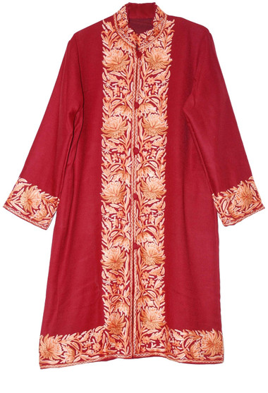 Kashmiri "Aari" Embroidered Woolen Coat Long Jacket Burgundy, Multicolor #BD-103