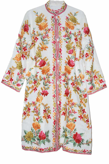 Ethnic Kashmiri Embroidered Linen Coat White, Multicolor #AO-601