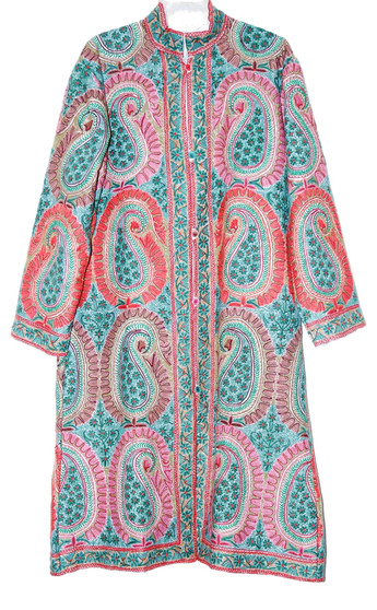 Kashmiri "Aari" Embroidered "Jamawar" Coat Woolen Long Jacket Off-White, Multicolor #JM-107