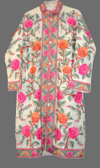 Crewel "Aari" Embroidered Woolen Coat Off-White, Multicolor #AO-144