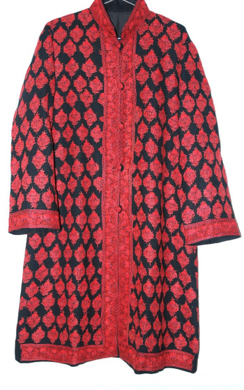 Kashmiri Ethnic Embroidered Woolen Coat Black, Red Embroidery #AO-139