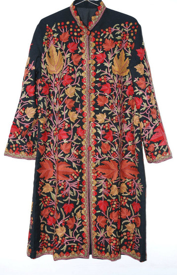 Crewel "Aari" Embroidered Woolen Coat Black, Multicolor #AO-136