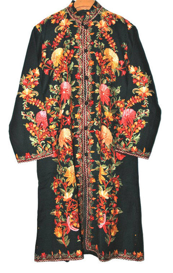 Crewel Hand Embroidered Woolen Coat Black, Multicolor #AO-133