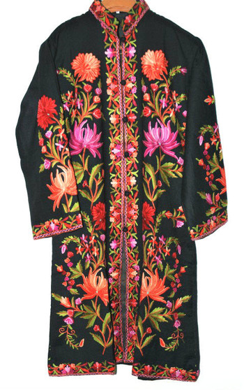 Kashmiri "Aari" Embroidered Woolen Coat Black, Multicolor #AO-132