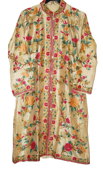 Crewel "Aari" Embroidered Silk Coat Long Jacket Gold, Multicolor #AO-302