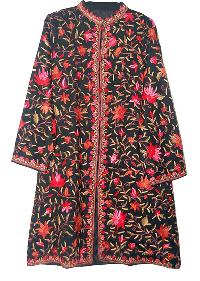 Kashmiri Ethnic Embroidered Woolen Coat Black, Multicolor #AO-130