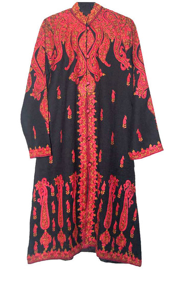Crewel "Aaari" Embroidered Ethnic Sherwani Woolen Coat Long Jacket Black, Multicolor #SH-104
