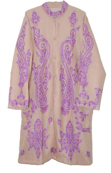 Kashmiri Crewel work Embroidered Ethnic Woolen Coat Beige, Purple #AO-1233