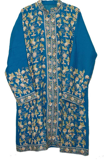 Kashmiri Crewel Embroidered Woolen Coat Blue, Multicolor #AO-1151