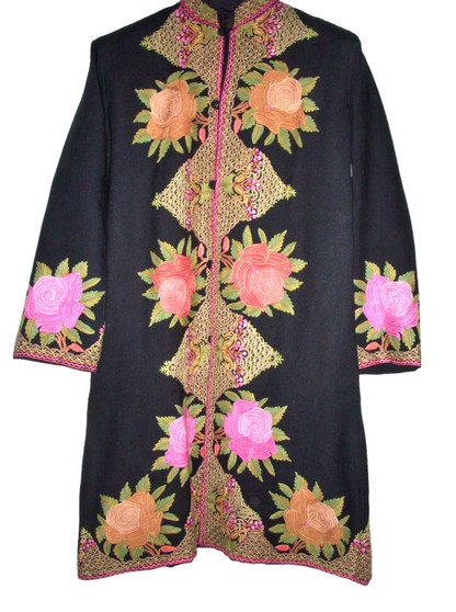 Kashmiri Ethnic Crewel work Embroidered Woolen Coat Black, Multicolor #AO-121