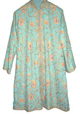 Ethnic Kashmiri Embroidered Woolen Coat Turquoise, Multicolor #AO-113