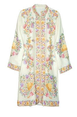 Kashmiri "Aari" Embroidered Woolen Coat Off-White, Multicolor #AO-112