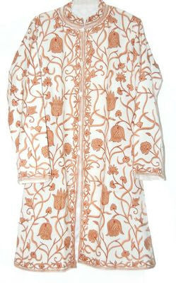 Crewel Ethnic Embroidered Kashmiri Woolen Coat Off-White, Rust #AO-109