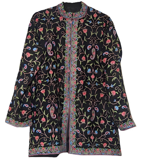 Crewel "Aari" Embroidered Woolen Jacket Black, Multicolor #AO-0094