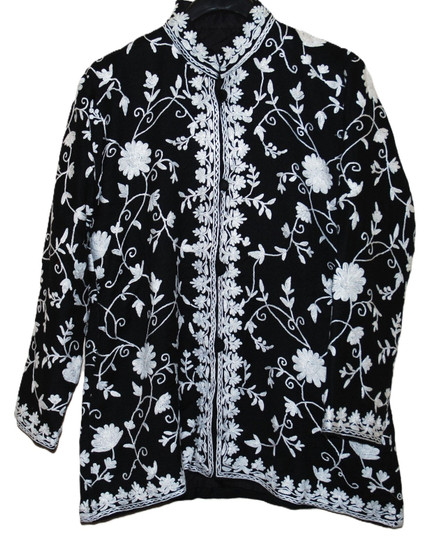 Kashmiri "Aari" Embroidered Woolen Jacket, White on Black #AO-056