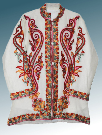Kashmiri Ethnic Embroidered Woolen Jacket Off-White, Multicolor #AO-0192