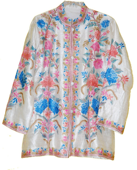 Ethnic Kashmiri Hand Embroidered Silk Jacket White, Multicolor #AO-042