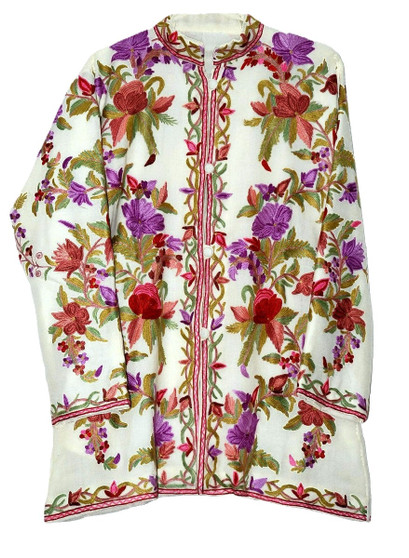 Kashmiri Ethnic Embroidered Woolen Jacket Off-White, Multicolor #AO-053
