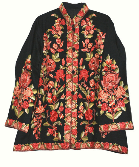 Kashmiri Ethnic Embroidered Woolen Jacket Black, Multicolor #AO-034