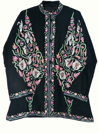Crewel Hand Embroidered Woolen Jacket Black, Multicolor #AO-052