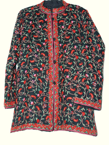 Kashmiri Crewel "Aari" Embroidered Woolen Jacket Black, Multicolor #AO-007