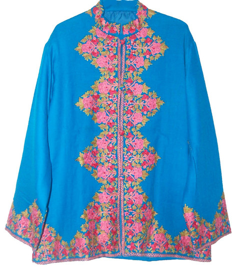 Ethnic Kashmiri Hand Embroidered Woolen Jacket Blue, Multicolor #AO-029