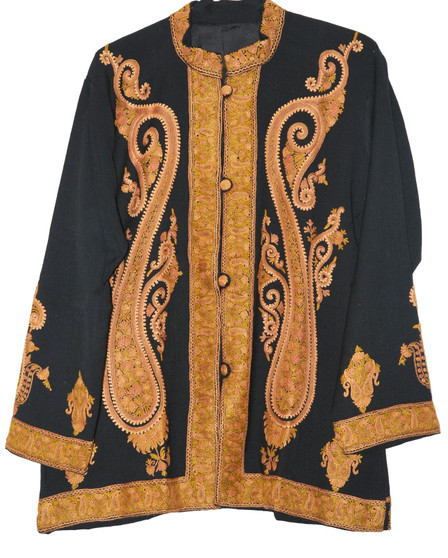 Crewel Hand Embroidered Woolen Jacket Black, Multicolor #AO-024