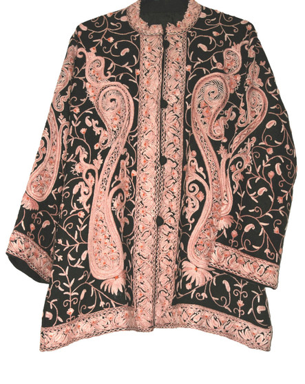 Ethnic Kashmiri "Aari" Embroidered Woolen Jacket Black, Beige #AO-021