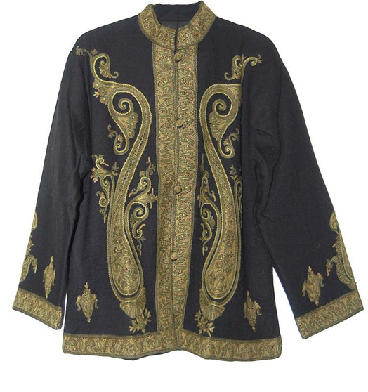 Kashmiri Ethnic "Aari" Embroidered Woolen Jacket Black, Multicolor #AO-020