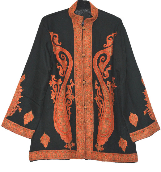 Vintage Kashmiri Embroidered Woolen Jacket Black, Multicolor #AO-019