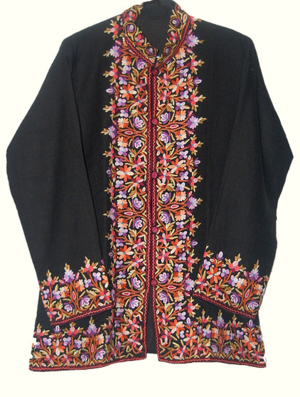 Kashmiri Hand Embroidered Woolen Jacket Black, Multicolor #BD-006