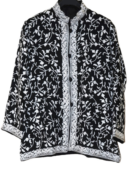 Kashmiri Ethnic Embroidered Woolen Jacket, White on Black #AO-054