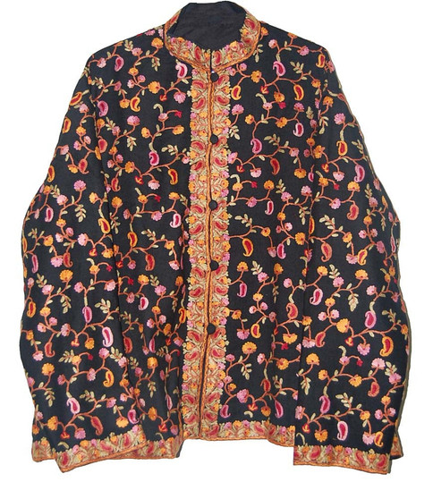 Crewel "Aari" Embroidered Woolen Jacket Black, Multicolor #AO-0092