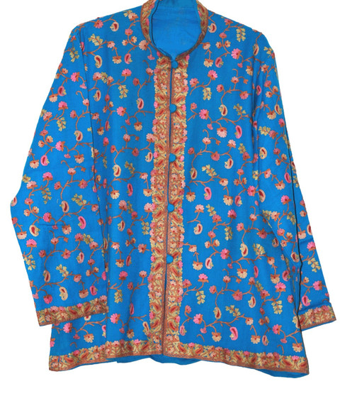Crewel Kashmiri Embroidered Woolen Jacket Blue, Multicolor #AO-0091