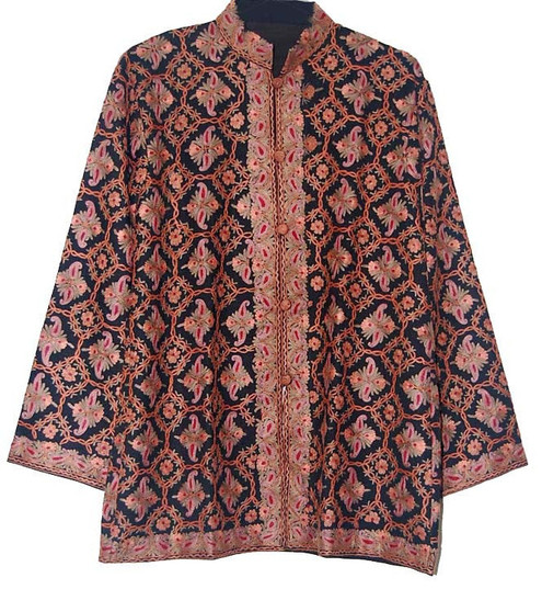 Ethnic Kashmiri Embroidered Woolen Jacket Black, Multicolor #AO-015