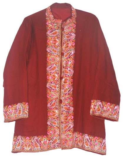 Crewel Ethnic Embroidered Woolen Jacket Burgundy, Multicolor #BD-002