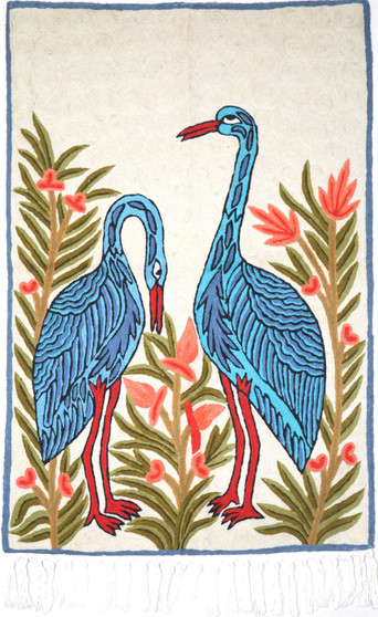 Kashmiri "Jalakdozi" Chainstitch Tapestry Rug "Birds", Multicolor 2x3 ft #CWR6128