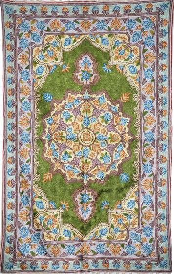 Ethnic Kashmiri Embroidered Chainstitch Tapestry Rug, Blue and Green 2.5x4 ft #CWR10111