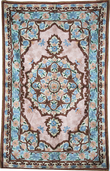 Crewel Embroidered Chainstitch Tapestry Rug Silk, Pink and Blue 2.5x4 ft #CWR10107