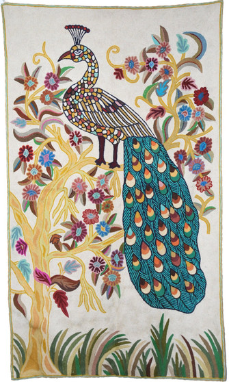 Kashmir Wool Tapestry Area Rug "Peacock", Multicolor Embroidered 3x5 feet #CWR15120