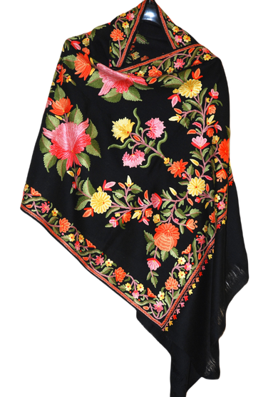 Kashmiri "Aari" Embroidery Wool Shawl Wrap Throw Black, Multicolor #WS-153