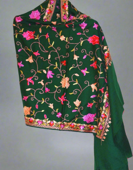 Kashmiri "Aari" Embroidery Woolen Shawl Wrap Throw Green, Multicolor #WS-149