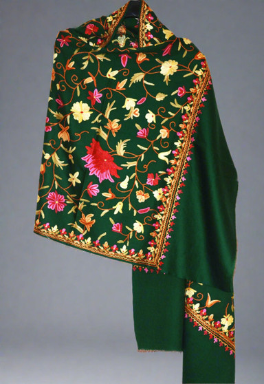 Crewel "Aari" Embroidery Woolen Shawl Wrap Throw Green, Multicolor #WS-122