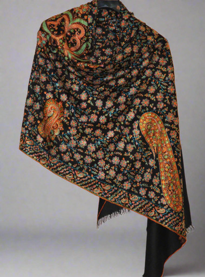 Ethnic "Sozni" Embroidered Pashmina Cashmere Jamawar Shawl Black, Multicolor #PJM-005
