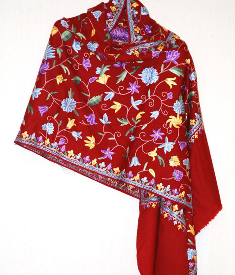 Kashmiri "Aari" Embroidery Wool Shawl Wrap Throw Burgundy, Multicolor #WS-148
