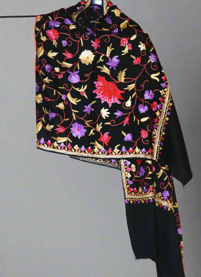Crewel Ethnic Embroidery Wool Shawl Wrap Throw Black, Multicolor #WS-123