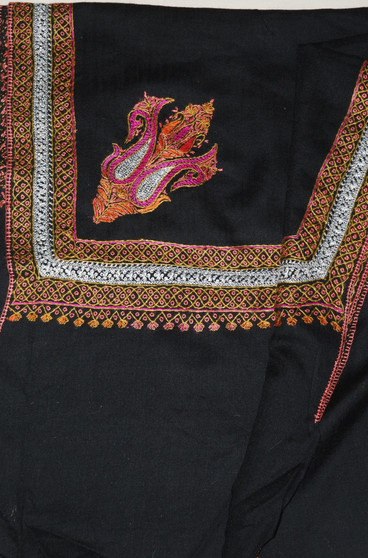 Kashmiri "Tilla" Sozni Embroidery Woolen Shawl Black, Silver Emb #WS-938