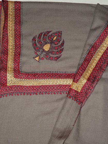 Ethnic Kashmiri "Tilla" Sozni Embroidery Woolen Shawl Beige, Gold Emb #WS-935
