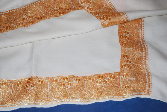 Ethnic Sozni "Tilla" Hand Embroidery Wool Shawl White, Gold Emb #WS-920
